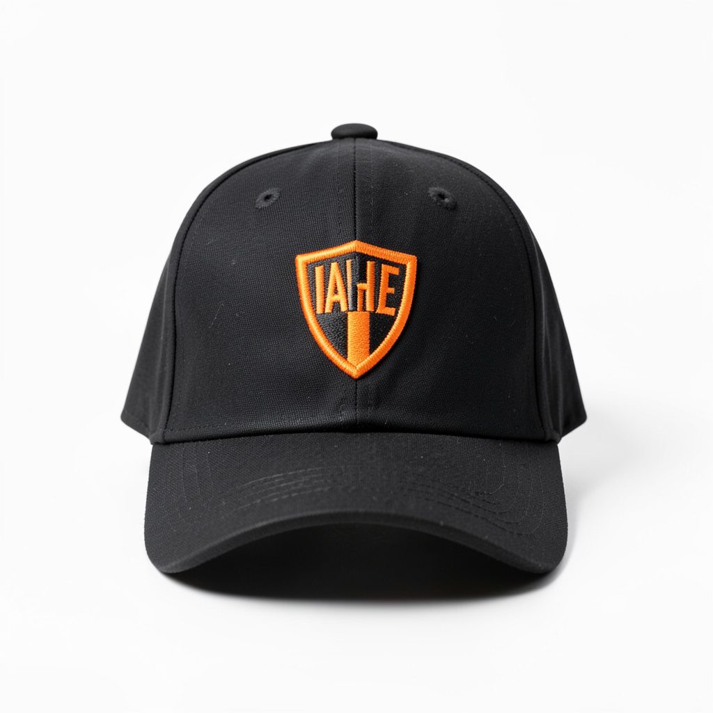 Black baseball cap with embroidered IAHE shield on the front panel, photographed against a clean white background